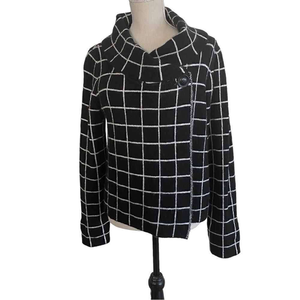 Women's Ellen Tracy Wool Blend Window Pane Cardigan Sweater Size Medium